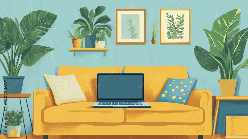 A yellow sofa with two throw pillows, a laptop on top, and plants in the background. A yellow sofa with two throw pillows, a laptop on top, and plants in the background.
