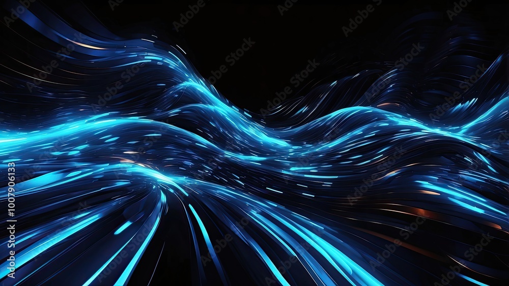 Digital artwork of vibrant blue light streaks racing across a black background, creating a sense of speed and energy.-