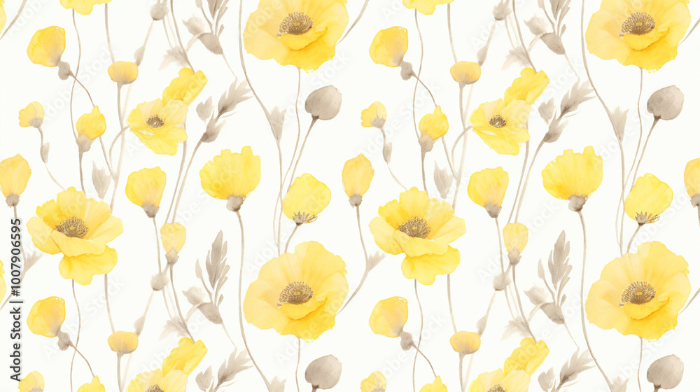 A seamless pattern with watercolor yellow poppies, their soft petals blending into the pastel background, in a minimalist style, with a neutral and light color palette. A seamless pattern with watercolor yellow poppies, their soft petals blending into the pastel background, in a minimalist style, with a neutral and light color palette.