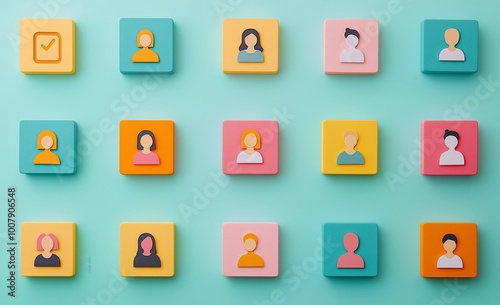 A colorful arrangement of avatar icons on a bright background, representing diversity and individuality in a modern digital design.