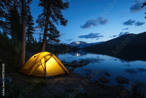 A yellow tent glows in the twilight on the shore of a calm lake with a mountain range in the background.