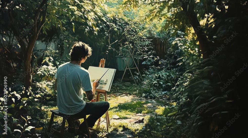 A young artist paints in a lush, sun-dappled garden, surrounded by vibrant greenery. A young artist paints in a lush, sun-dappled garden, surrounded by vibrant greenery.