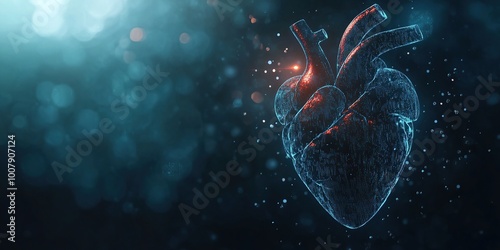 Abstract digital human heart with a blurred medical background and futuristic glowing elements