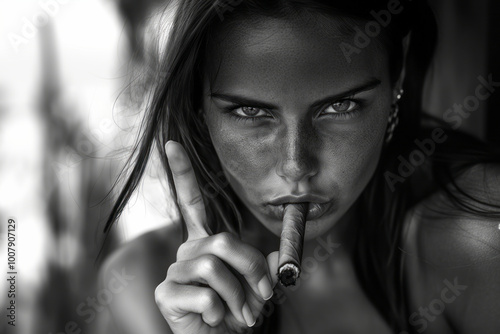 close-up of girl with big cigar in mouth and finger raised black and white