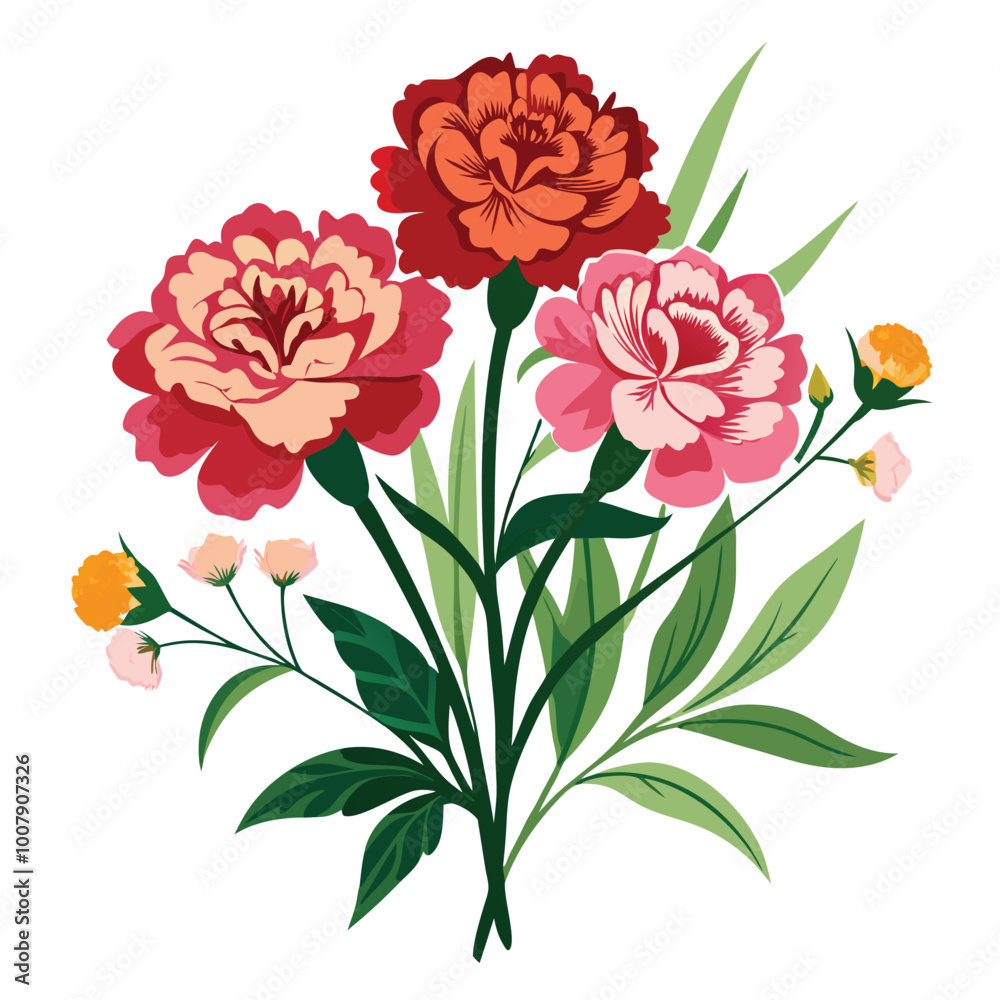 Floral Bunch with Carnation Vector Illustration on White Background in Detailed Line Art Style Floral Bunch with Carnation Vector Illustration on White Background in Detailed Line Art Style