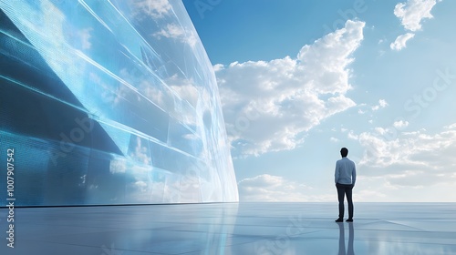 A Man Stands Before a Futuristic Glass Structure Under a Blue Sky