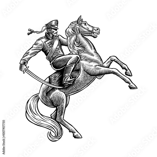 illustration of a general riding a horse in an engraving style