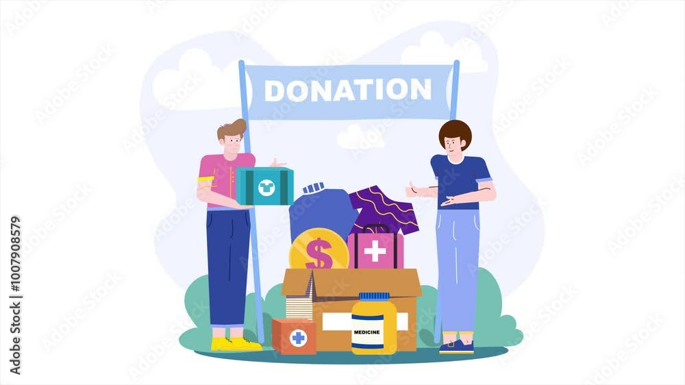 two people donating clothes money and medicine at a donation center promoting charity and community support illustration animated video two people donating clothes money and medicine at a donation center promoting charity and community support illustration animated video