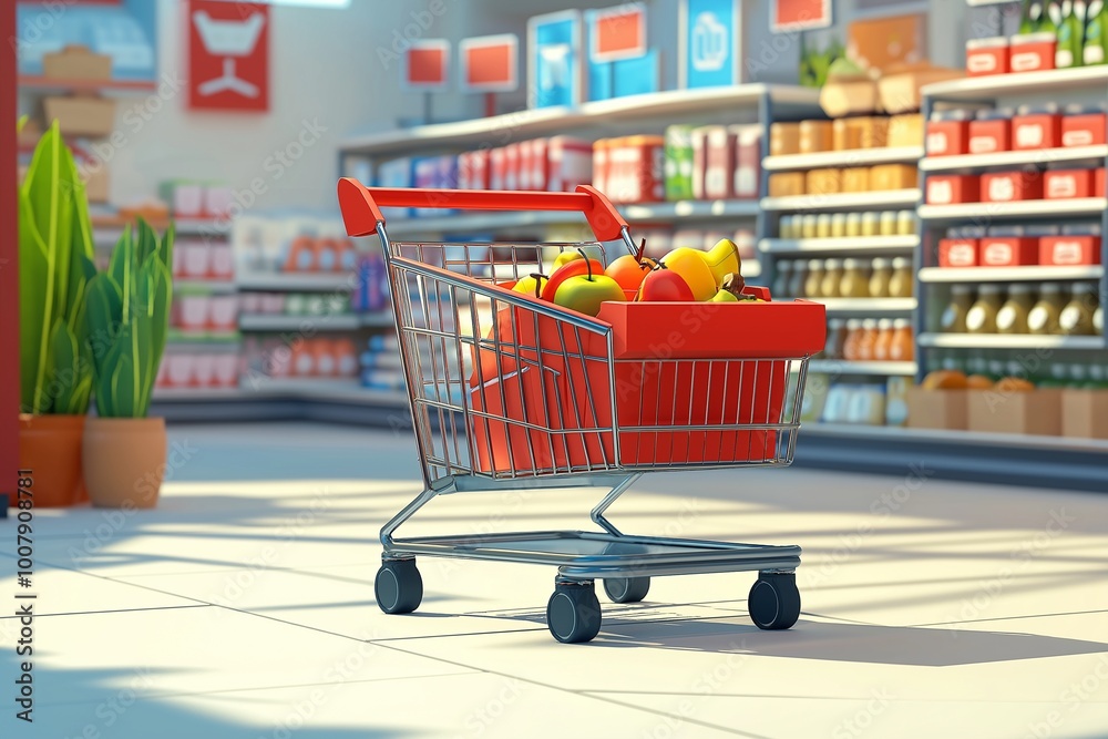 trolley full of groceries in the supermarket in 3d style by generative ai trolley full of groceries in the supermarket in 3d style by generative ai