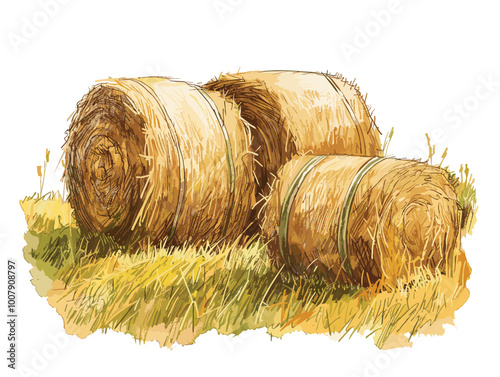 white background, Farm field with hay bales - isolate on a farm landscape background., drawings in pencil easy, very simple and isolate in the style of animated illustrations, white background