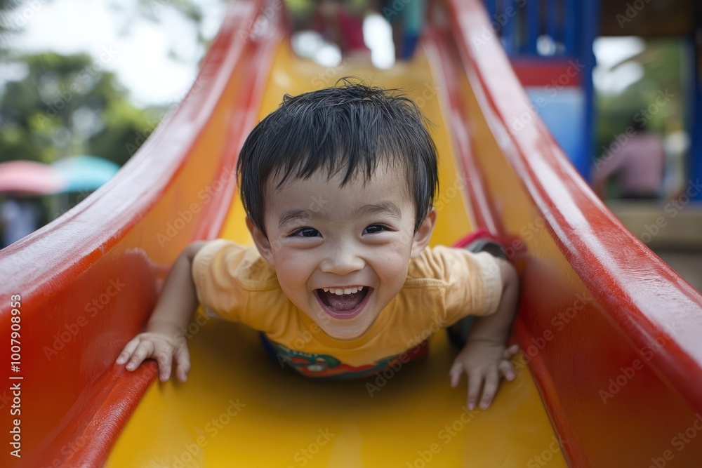 A young boy smiles excitedly as he slides down a bright yellow and red slide at a playground. A young boy smiles excitedly as he slides down a bright yellow and red slide at a playground.
