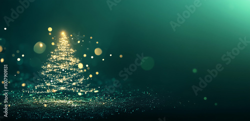 Backgrkound with space for text, subtle christmas with christmas tree build of lights,gradient from darkgreen to green, delicate lights. photo