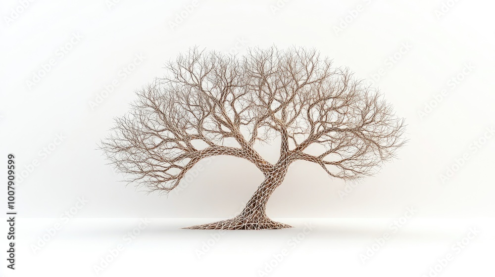 Obraz premium An abstract tree symbolizing knowledge and growth, with geometric branches forming complex patterns, against a minimalist white background