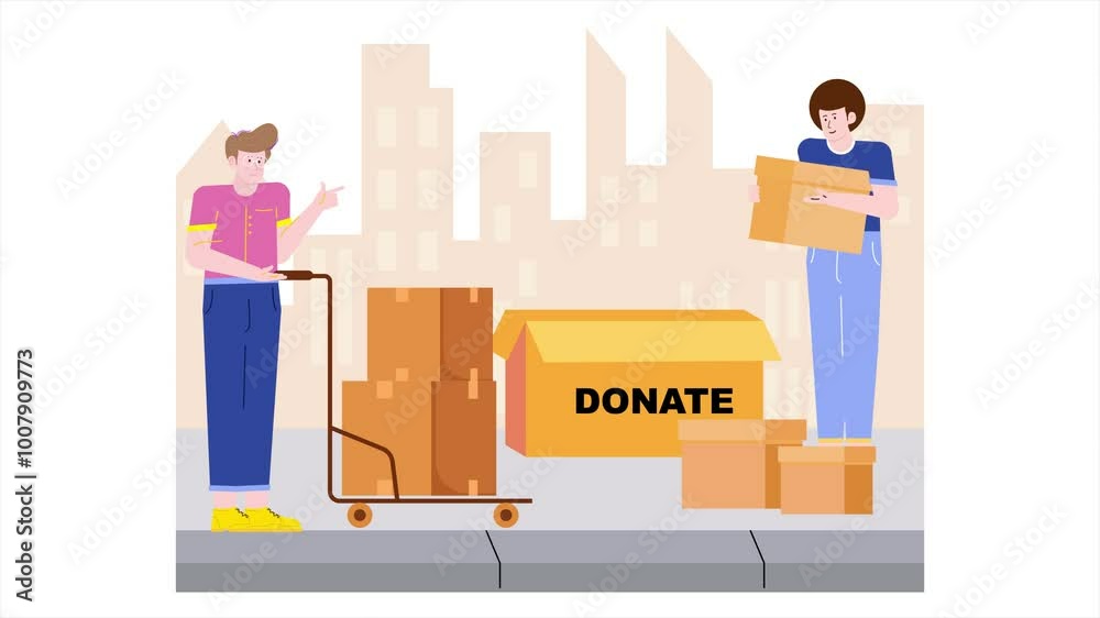 people helping at a donation site contributing boxes for charity illustration animated video people helping at a donation site contributing boxes for charity illustration animated video