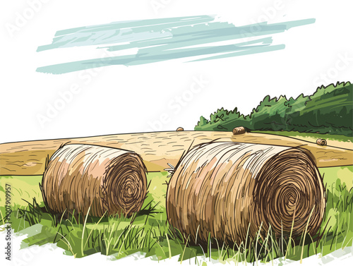 white background, Farm field with hay bales - isolate on a farm landscape background., drawings in pencil easy, very simple and isolate in the style of animated illustrations, white background