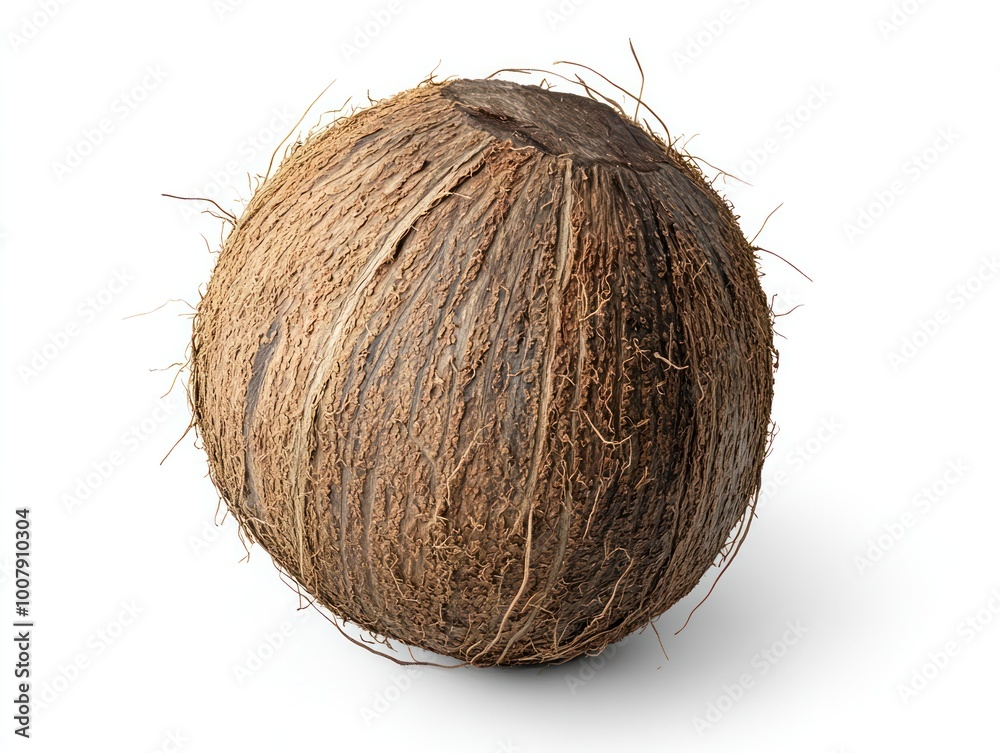 Whole coconut with a rough brown husk and fibrous texture Isolated on white background Whole coconut with a rough brown husk and fibrous texture Isolated on white background