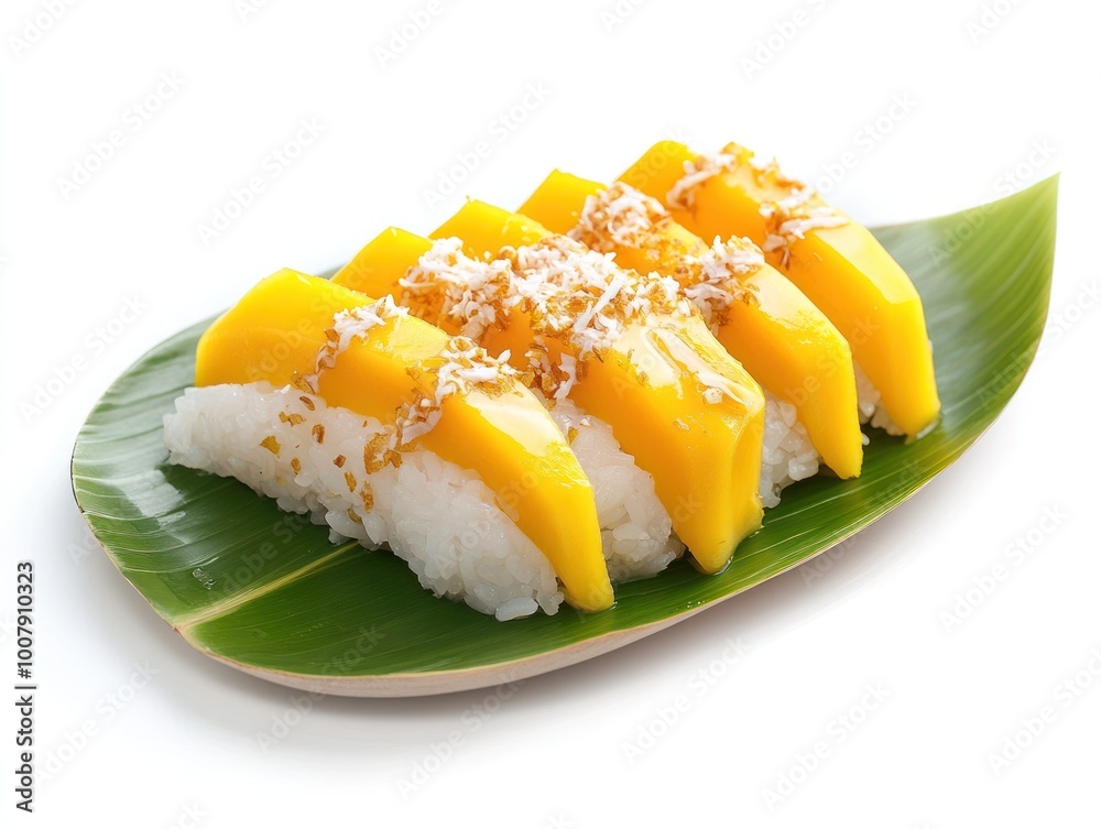 Traditional mango sticky rice with fresh mango slices and sticky rice drizzled with sweet coconut milk Isolated on white background Traditional mango sticky rice with fresh mango slices and sticky rice drizzled with sweet coconut milk Isolated on white background