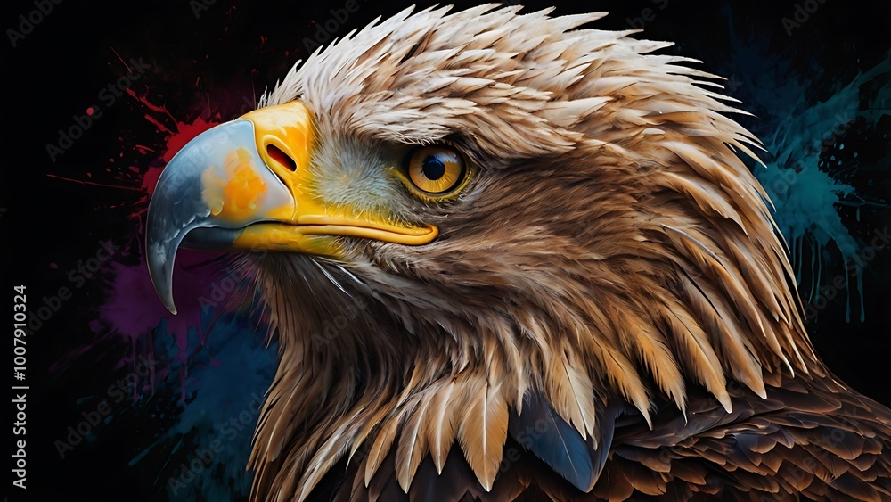 Obraz premium digital artwork featuring a bald eagle with a strikingly detailed and realistic appearance, showcasing its sharp, hooked yellow beak and piercing golden eyes
