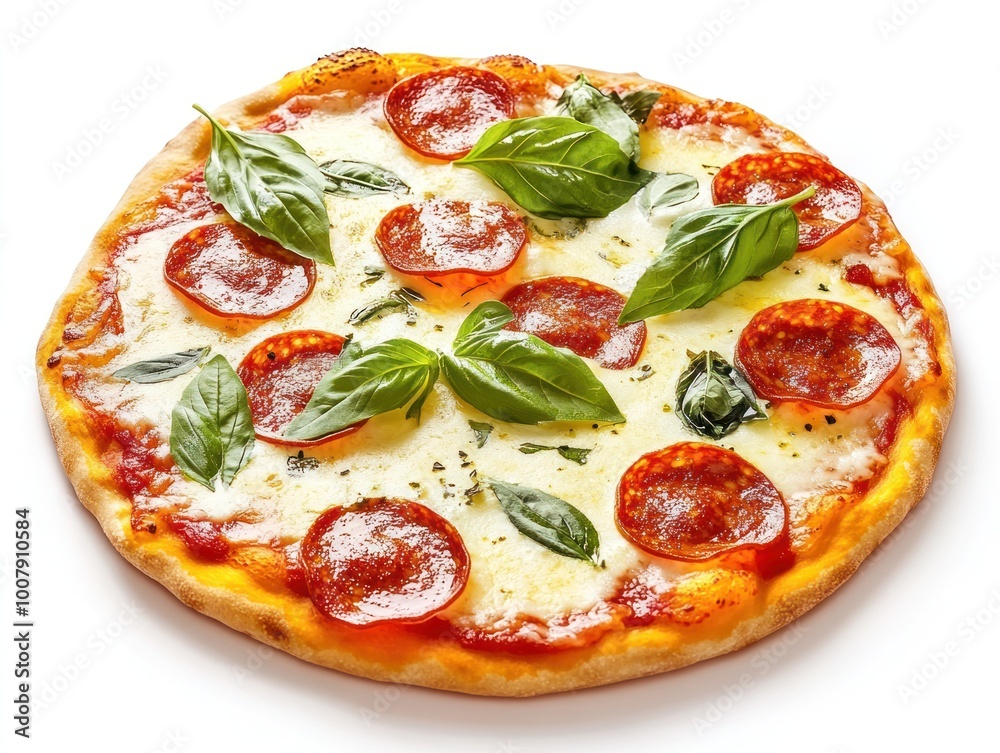 Thin-crust pizza topped with melted mozzarella cheese, pepperoni slices, and fresh basil Isolated on white background Thin-crust pizza topped with melted mozzarella cheese, pepperoni slices, and fresh basil Isolated on white background