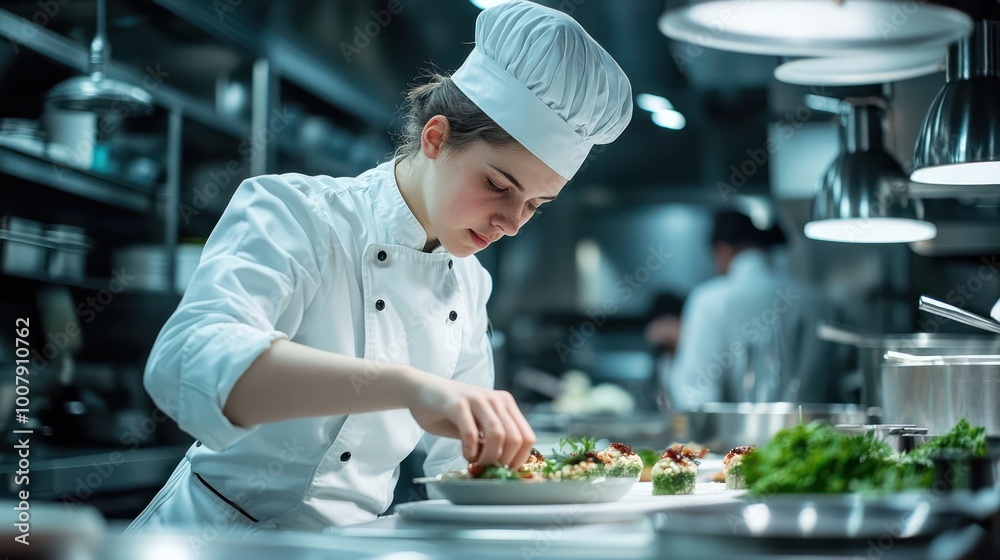 A young chef in a white uniform carefully arranges a plate of food in a professional kitchen. A young chef in a white uniform carefully arranges a plate of food in a professional kitchen.