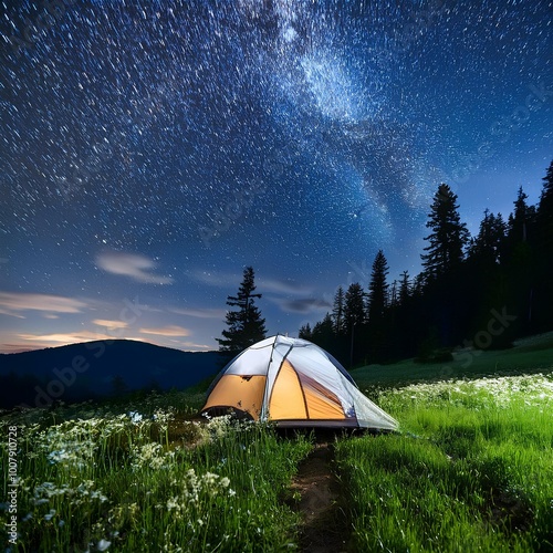 Lone tent in a vibrant spring meadow surrounded by wildflowers under a starry night sky
 photo