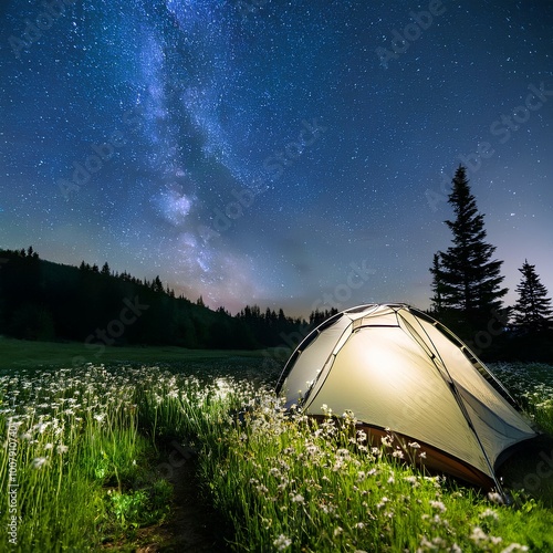 Lone tent in a vibrant spring meadow surrounded by wildflowers under a starry night sky
 photo