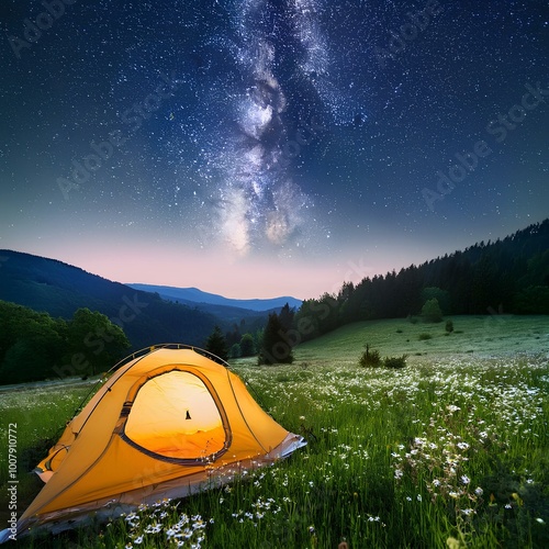 Lone tent in a vibrant spring meadow surrounded by wildflowers under a starry night sky
 photo