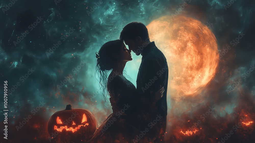 Romantic Halloween Embrace Under a Full Moon with Jack-o'-Lanterns, Capturing the Magic of Love and Spooky Atmosphere Together Romantic Halloween Embrace Under a Full Moon with Jack-o'-Lanterns, Capturing the Magic of Love and Spooky Atmosphere Together