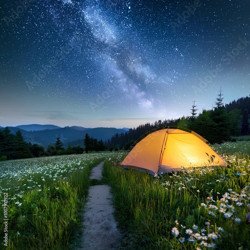 Lone tent in a vibrant spring meadow surrounded by wildflowers under a starry night sky
 photo