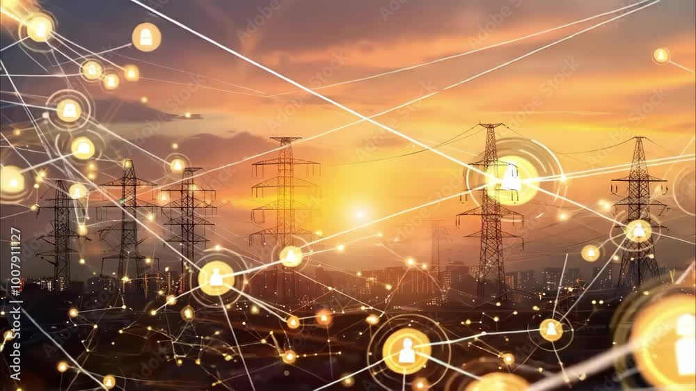 A sunset scene with power lines and an overlay of interconnected digital icons, symbolizing energy and technology.