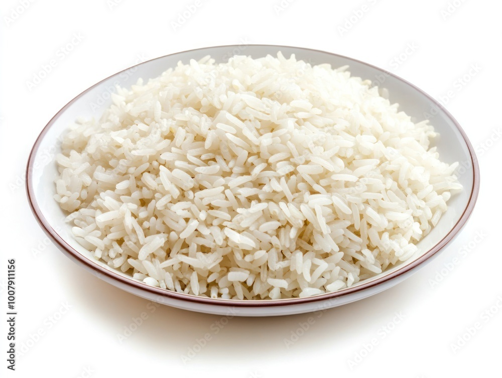 Plate of plain jasmine rice served hot and ready to accompany a meal Isolated on white background Plate of plain jasmine rice served hot and ready to accompany a meal Isolated on white background
