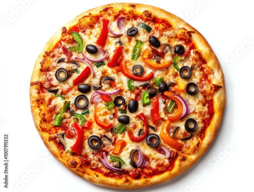 Pizza topped with a variety of fresh vegetables, including bell peppers, onions, and olives, on a golden-brown crust Isolated on white background