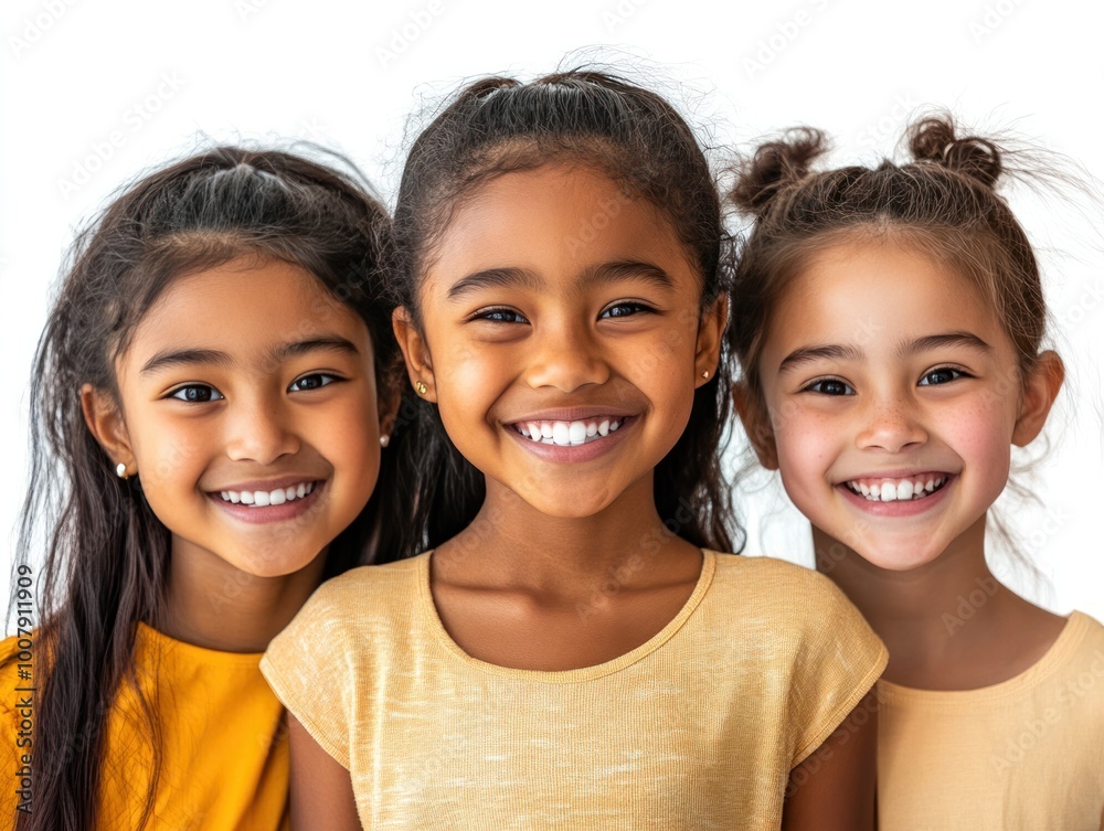 Group of three cute African American and Asian girls smiling brightly, showing their healthy white teeth while making direct eye contact with the camera Isolated on white background Group of three cute African American and Asian girls smiling brightly, showing their healthy white teeth while making direct eye contact with the camera Isolated on white background