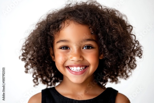 Cute African American Asian girl smiling brightly showing healthy white teeth and looking directly at the camera with her hair in natural curls Isolated on white background