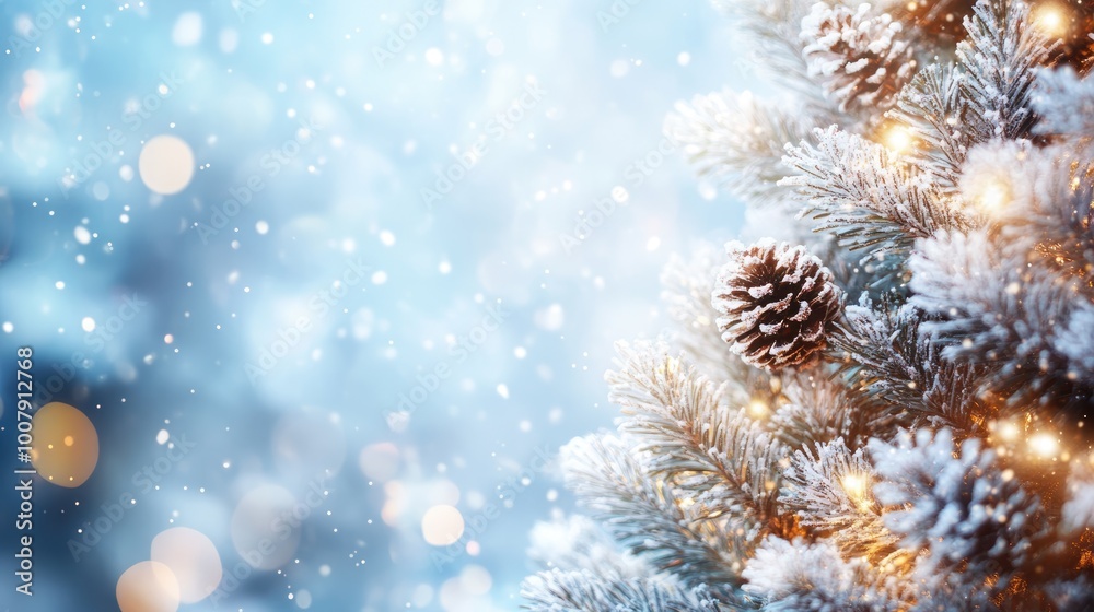 Softly lit snowy tree with pine cones creates a magical, festive atmosphere for celebration Softly lit snowy tree with pine cones creates a magical, festive atmosphere for celebration