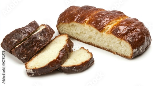 A fluffy loaf of Japanese milk bread, isolated on a white background to showcase its soft texture and perfect slices.