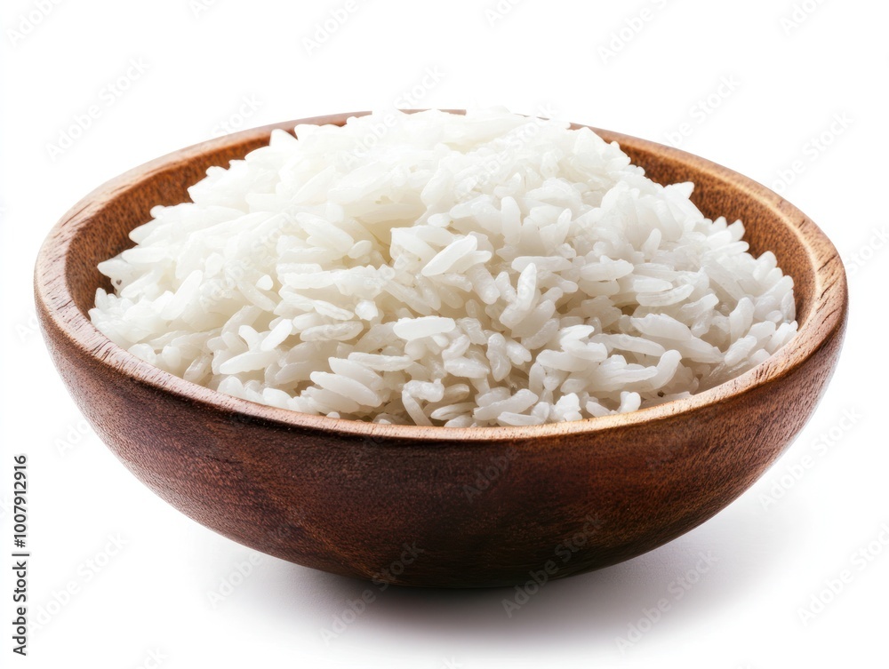 Bowl of steamed white rice with fluffy grains perfectly cooked Isolated on white background Bowl of steamed white rice with fluffy grains perfectly cooked Isolated on white background