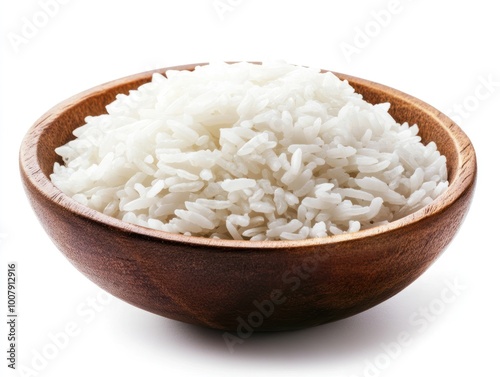 Bowl of steamed white rice with fluffy grains perfectly cooked Isolated on white background