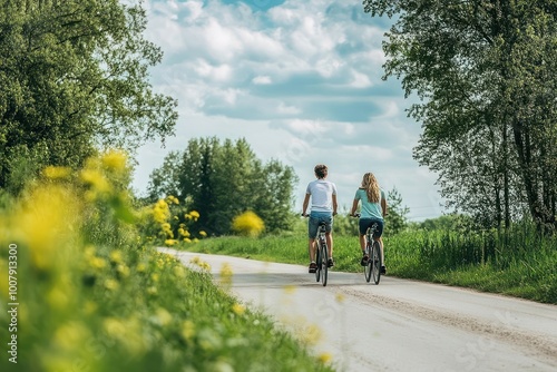 A young couple rides bikes down a dirt road on a sunny day.