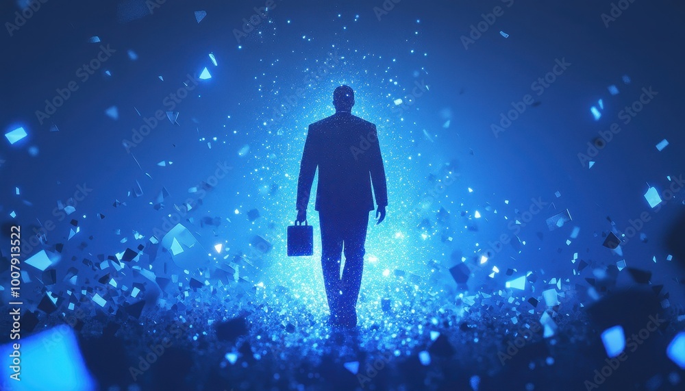 A Silhouette of a Man Walking Through a Glowing Blue Field of Broken Shapes A Silhouette of a Man Walking Through a Glowing Blue Field of Broken Shapes