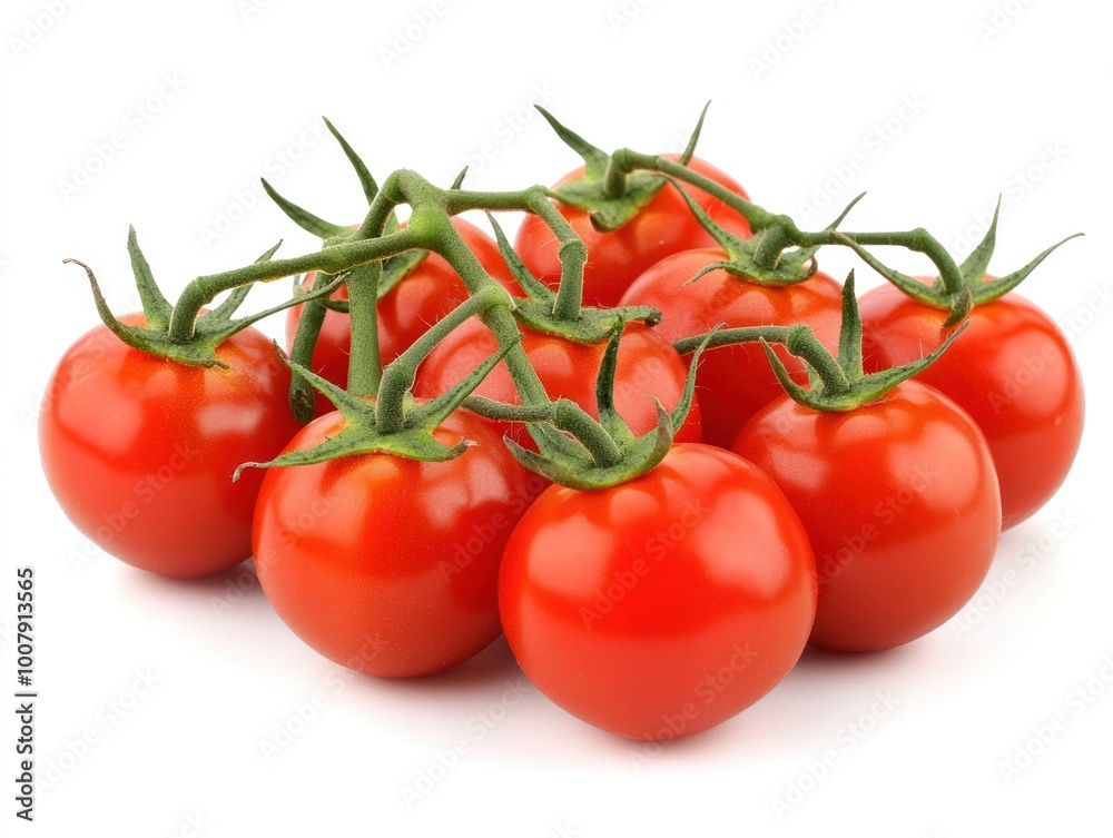 A cluster of vine-ripened tomatoes with vibrant red color and green stems Isolated on white background A cluster of vine-ripened tomatoes with vibrant red color and green stems Isolated on white background