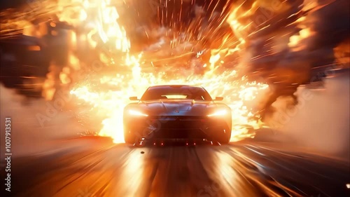 A high-speed car racing through an explosion with flames and debris surrounding it. photo