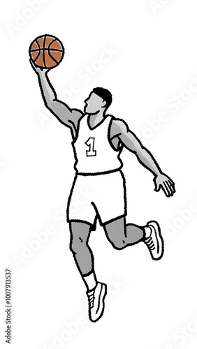 Illustration of a basketball player, capturing the momentum of a layup