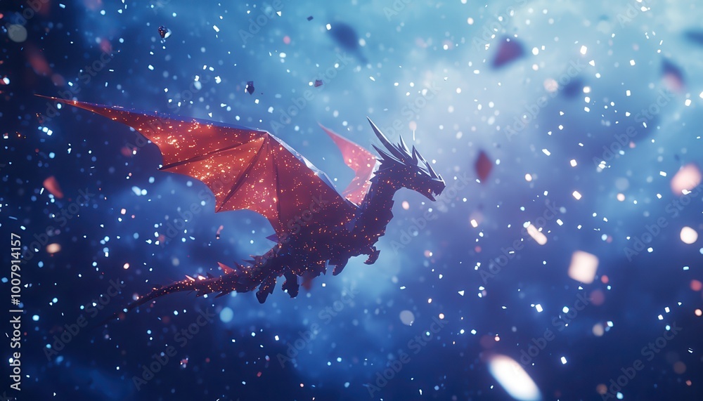 A Low-Poly Dragon Soaring Through a Starry Sky A Low-Poly Dragon Soaring Through a Starry Sky