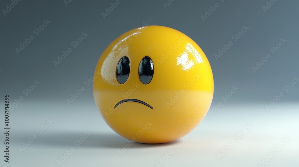 Fototapeta premium Glossy Yellow Sad Face Emoji on Gray Background Reflecting Light and Emotion in a Minimalist Style