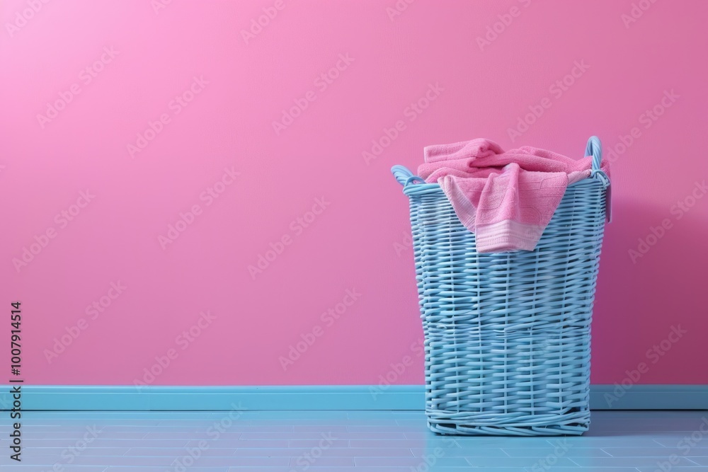 Blue Wicker Laundry Basket with Pink Towels in Modern Bright Interior