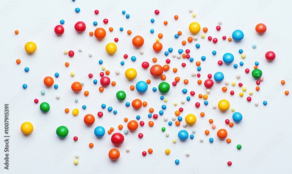 Colorful sprinkles and candy balls scattered on a white background Colorful sprinkles and candy balls scattered on a white background