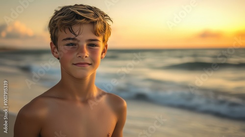 A stylish teen boy enjoying the sunny beach, showcasing his charm in trendy black half pants and a confident smile.