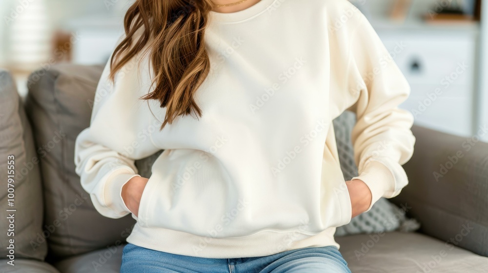 Young woman in a blank white crewneck sweatshirt sits on a couch, showcasing a modern living room setting. Young woman in a blank white crewneck sweatshirt sits on a couch, showcasing a modern living room setting.