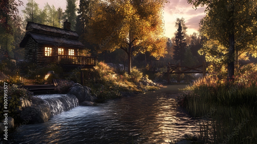 Fototapeta premium Cabin by the Creek at Sunset